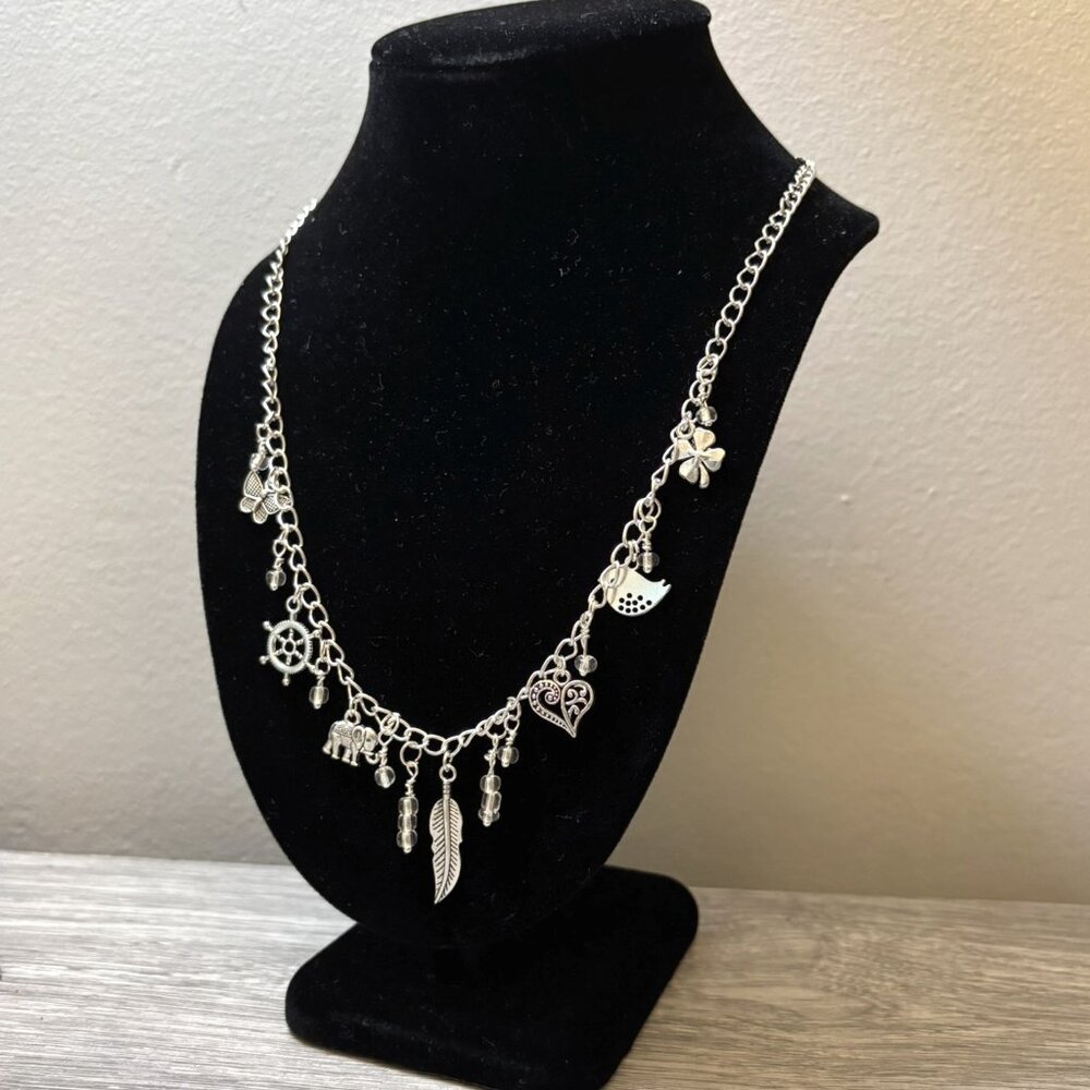 Silver-Tone Charm Necklace with Mixed Dangling Charms